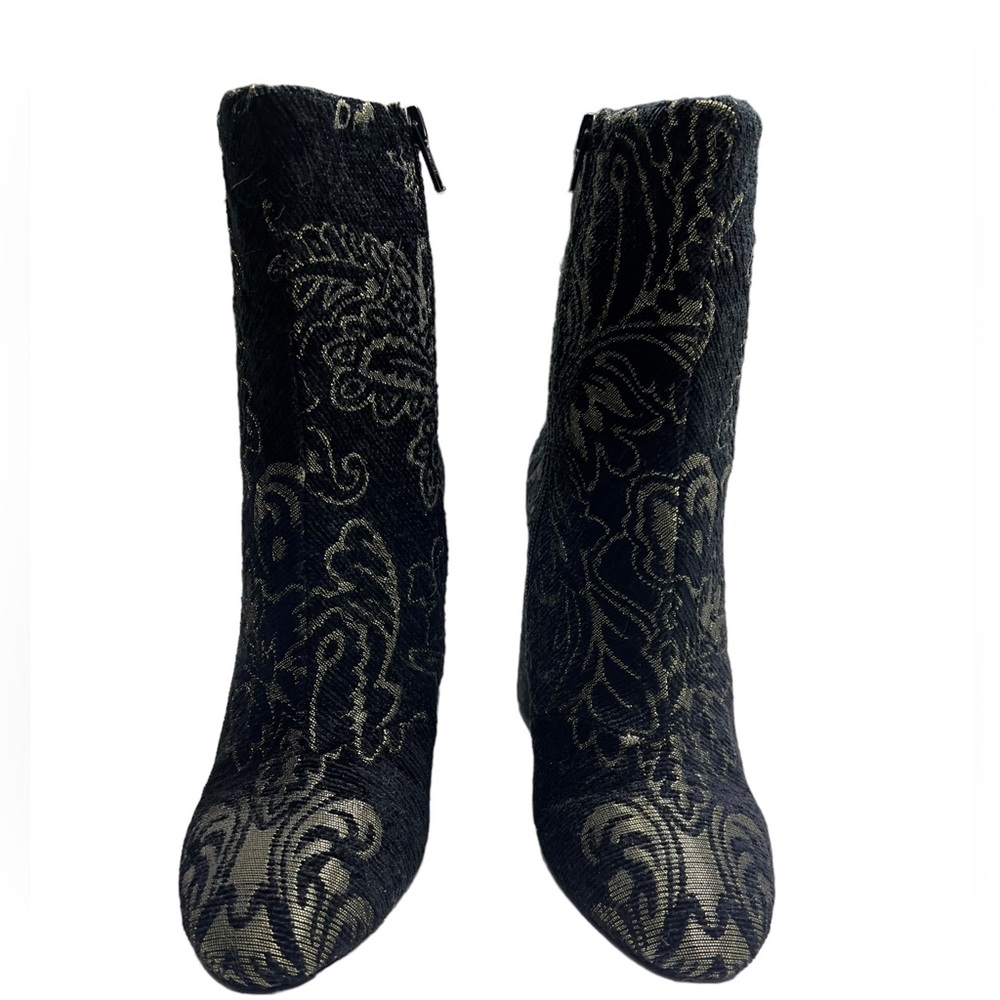 Black gold Ash Fedora 70s style embroidered block heel ankle boots Leather sole.
